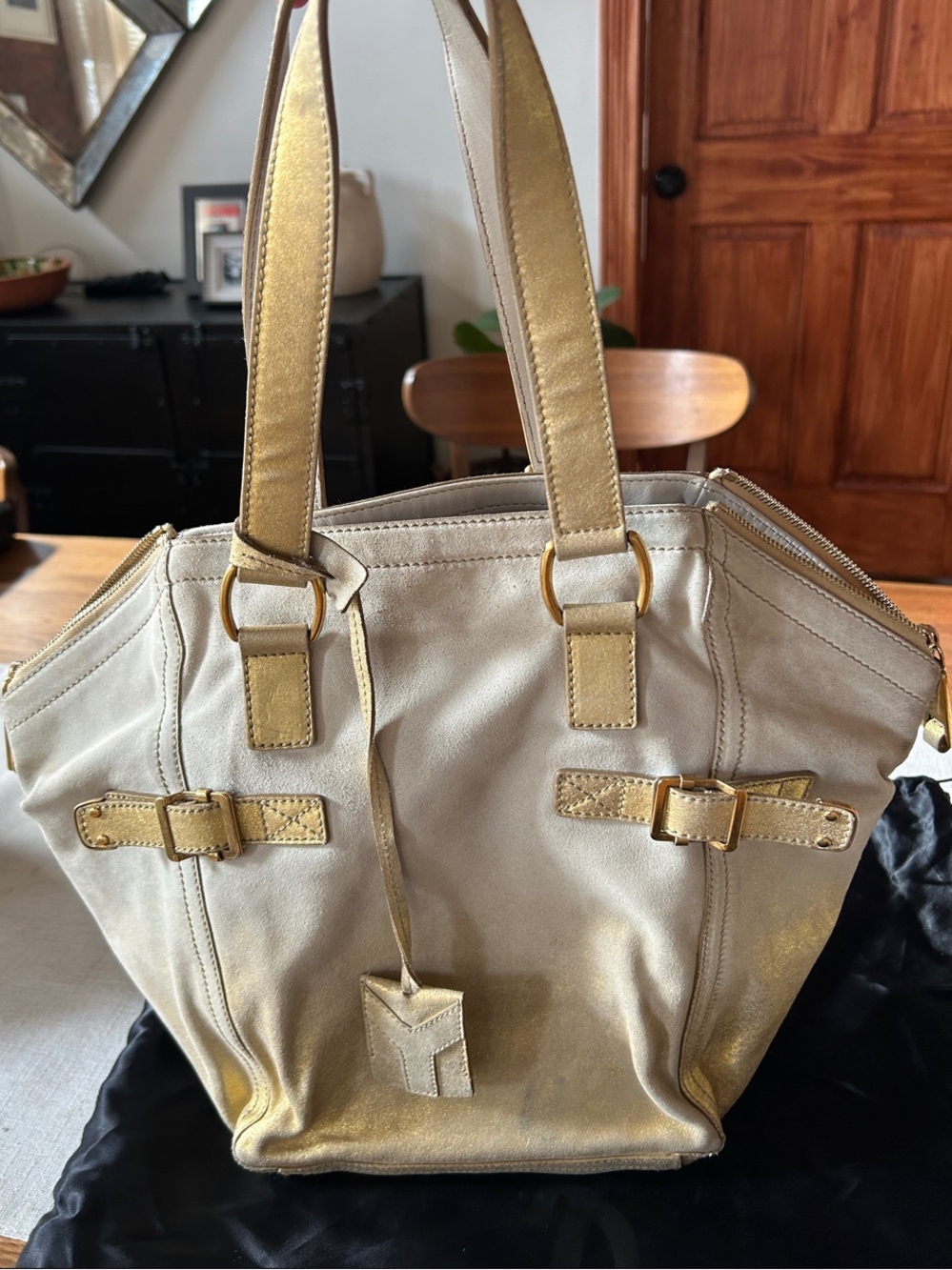 Yves Saint Laurent Gold and Cream Shoulder Tote